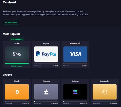 Freecash offers multiple payment options, including PayPal and crypto.

